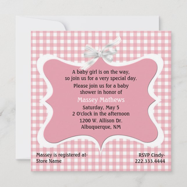 Hübsch Pink Gingham Custom Baby Shower Einladung (Vorderseite)