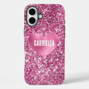 Hübsch Pink Glitzer Glam Herz iPhone 16 Plus Hülle