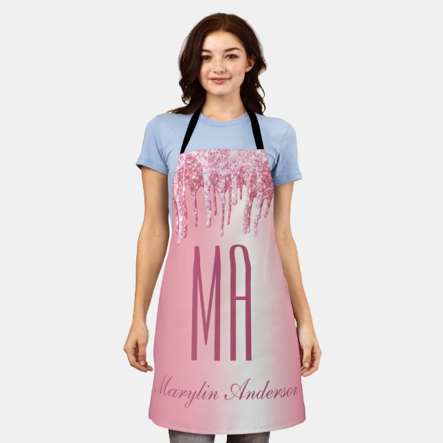 HÜBSCH PINK GLITZER TROPFEN INDIVIDUELLE NAME MONO SCHÜRZE (Getragen)