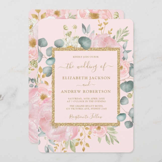 Hübsch Pink Gold Aquarell Blumenzwiebelblume Hochz Einladung (Vorne/Hinten)