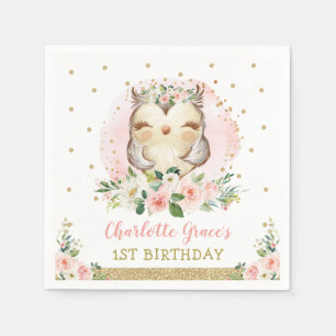 Hübsch Pink Gold Baby Owl Girls Geburtstagsfavori Serviette
