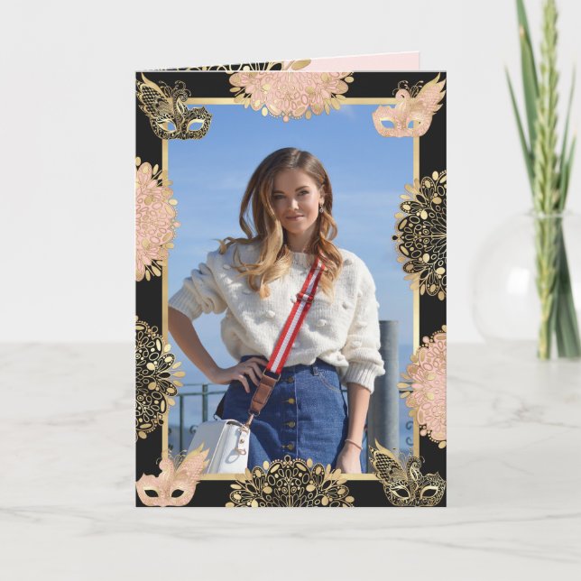 Hübsch Pink Gold Masquerade Maske Sweet 16 Einladung (Vorderseite)