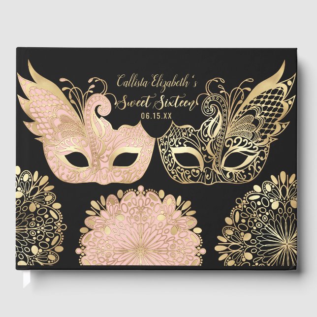 Hübsch Pink Gold Masquerade Maske Sweet 16 Gästebuch (Vorderseite)