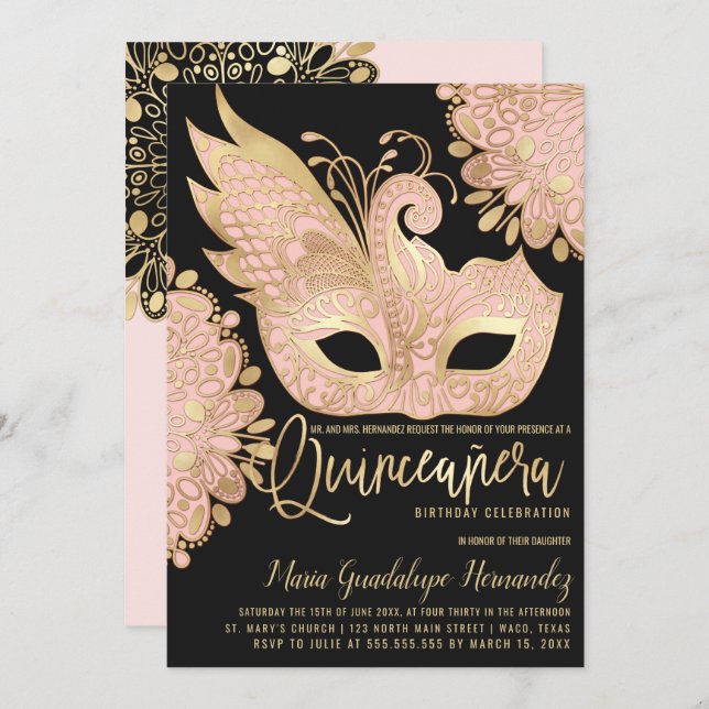 Hübsch Pink Gold Schwarze Masquerge Maske Quinceañ Einladung (Vorne/Hinten)