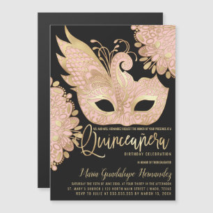 Hübsch Pink Gold Schwarze Masquerge Maske Quinceañ Magneteinladung