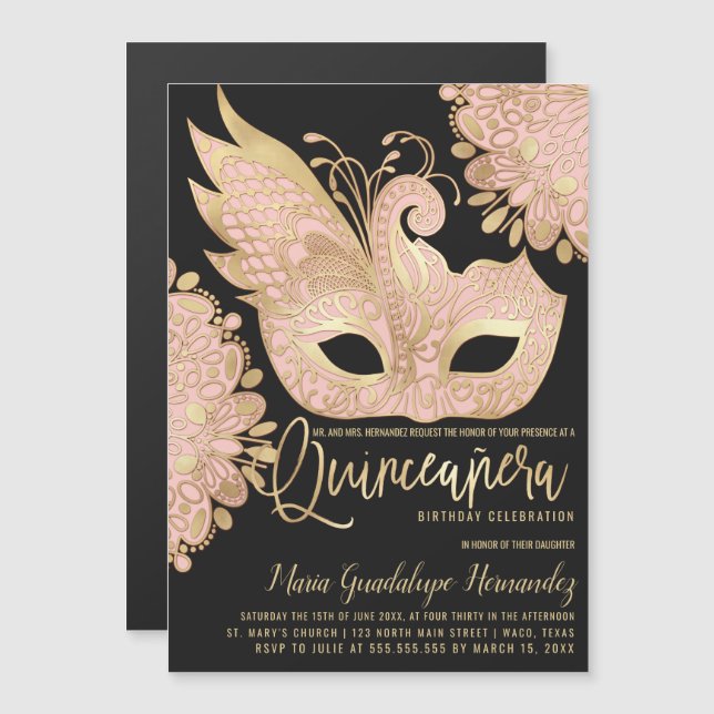 Hübsch Pink Gold Schwarze Masquerge Maske Quinceañ Magneteinladung (Vorne/Hinten)