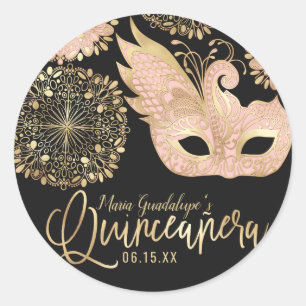 Hübsch Pink Gold Schwarze Masquerge Maske Quinceañ Runder Aufkleber