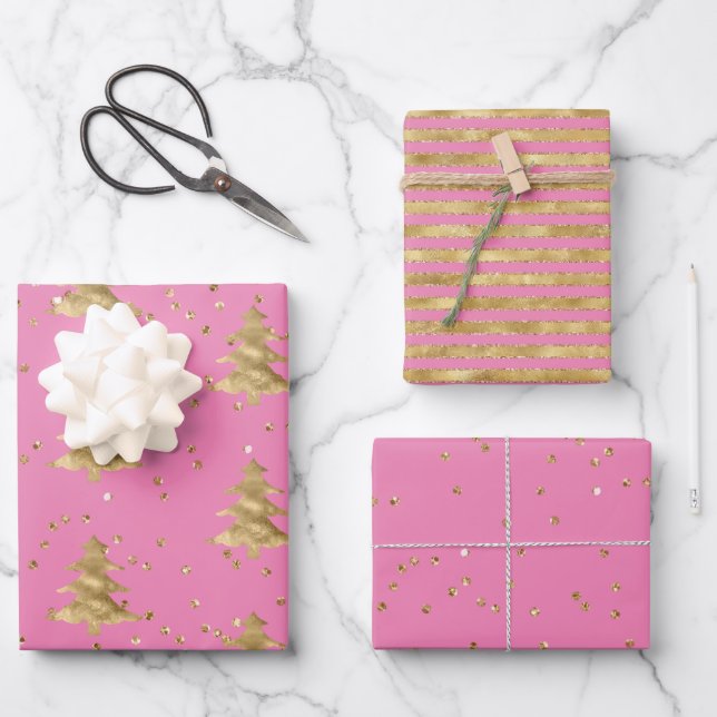Hübsch Pink Gold Weihnachtsbaum Glitz Geschenkpapier Set (Vorderseite)