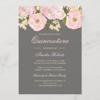 Hübsch Pink Gray Floral Quinceanera Einladung
