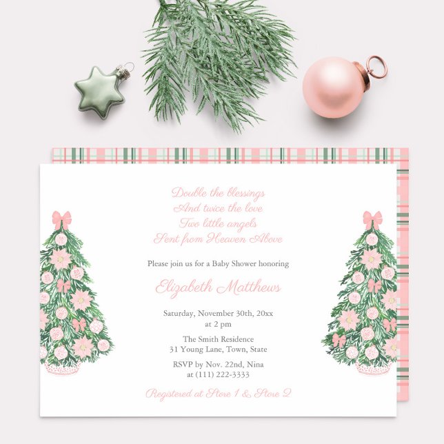 Hübsch Pink Green Christmas Twin Girls Babydusche Einladung (Maximalist pink chinoiserie, poinsettia and bows invitation for twin baby girls shower party)