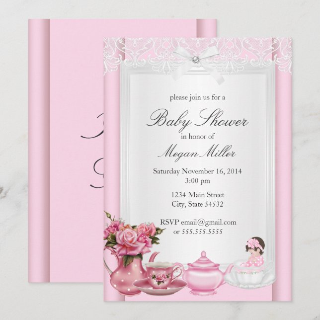 Hübsch Pink High Tea Girl Babydusche Einladung (Vorne/Hinten)