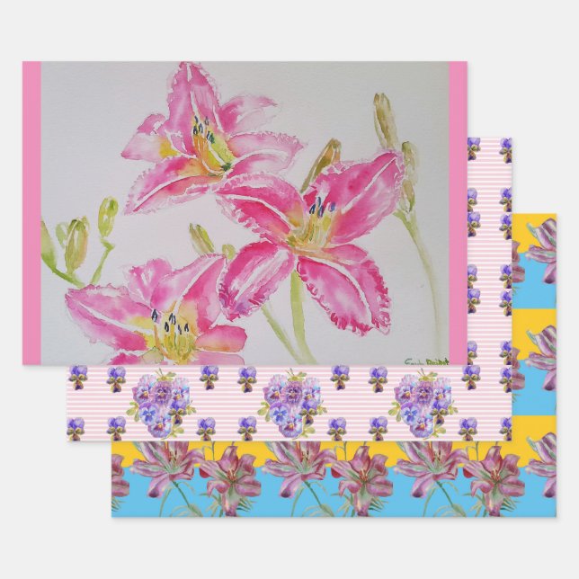 Hübsch Pink Liege Blume Floral Lilies Wasserfarbe Geschenkpapier Set (Set)