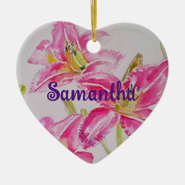 Hübsch Pink Lily Lilies Watercolor Blume Keramik Ornament (Vorne)