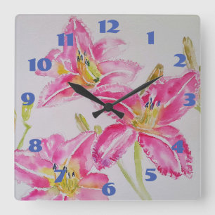 Hübsch Pink Lily Lilies Watercolor Blume Quadratische Wanduhr
