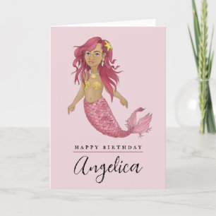 Hübsch Pink Mermaid Girls Name Happy Birthday Card Dankeskarte