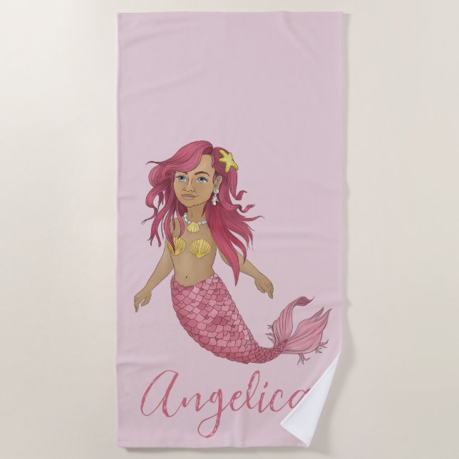 Hübsch Pink Mermaid Girl's Room Individuelle Name Strandtuch (Vorderseite)