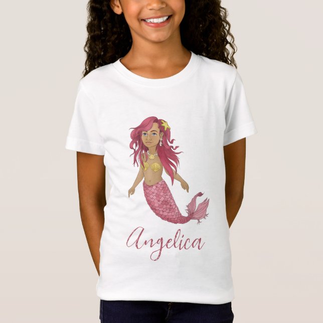 Hübsch Pink Mermaid Happy Birthday Individuelle Na T-Shirt (Vorderseite)