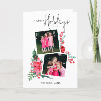 Hübsch Pink Poinsettia & Holly 2-Foto Feiertagskarte