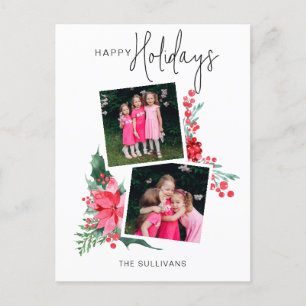 Hübsch Pink Poinsettia & Holly 2-Foto Feiertagspostkarte