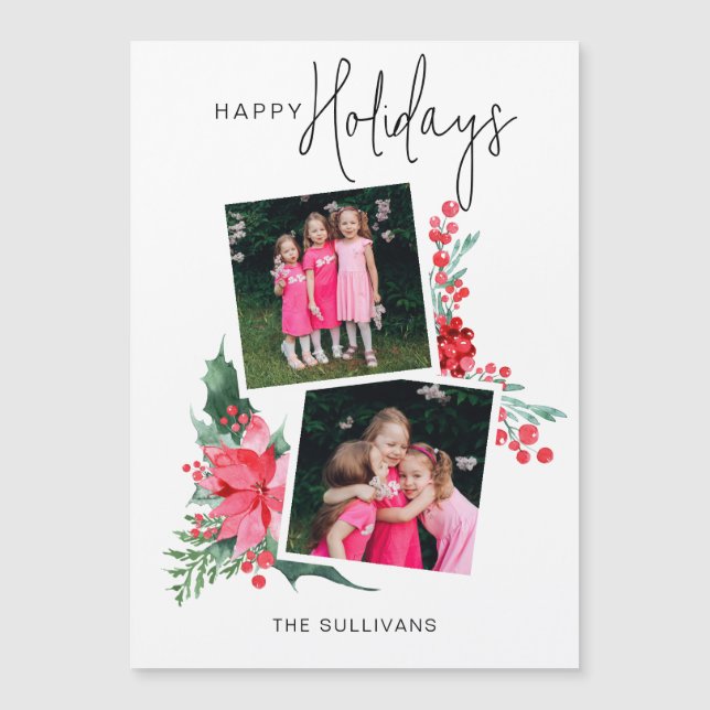 Hübsch Pink Poinsettia & Holly 2-Foto Magnetkarte (Vorderseite)