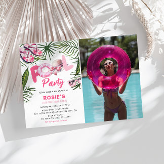 Hübsch Pink Pool Party Girl Foto Geburtstag Einladung