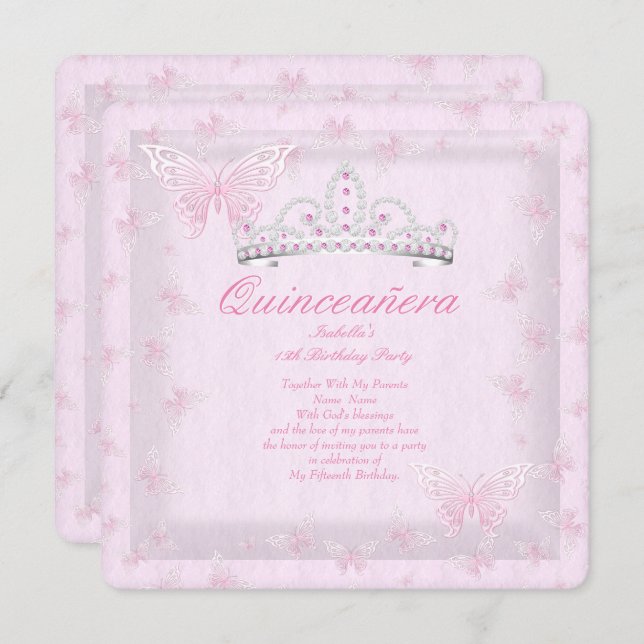 Hübsch Pink Quinceanera Party Tiara Butterfliegen  Einladung (Vorne/Hinten)