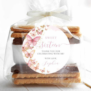 Hübsch Pink Schmetterlinge Sweet 16 Quinceanera XV Runder Aufkleber