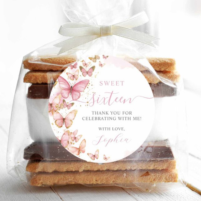 Hübsch Pink Schmetterlinge Sweet 16 Quinceanera XV Runder Aufkleber (Von Creator hochgeladen)