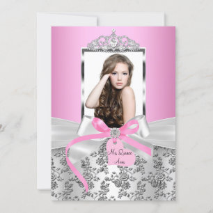 Hübsch Pink Silver Bow & Rose Foto Quinceanera Einladung