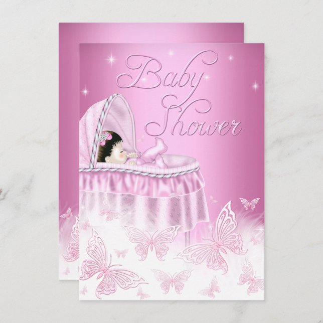 Hübsch Pink Sparkle Butterfly Girl Babydusche Einladung (Vorne/Hinten)