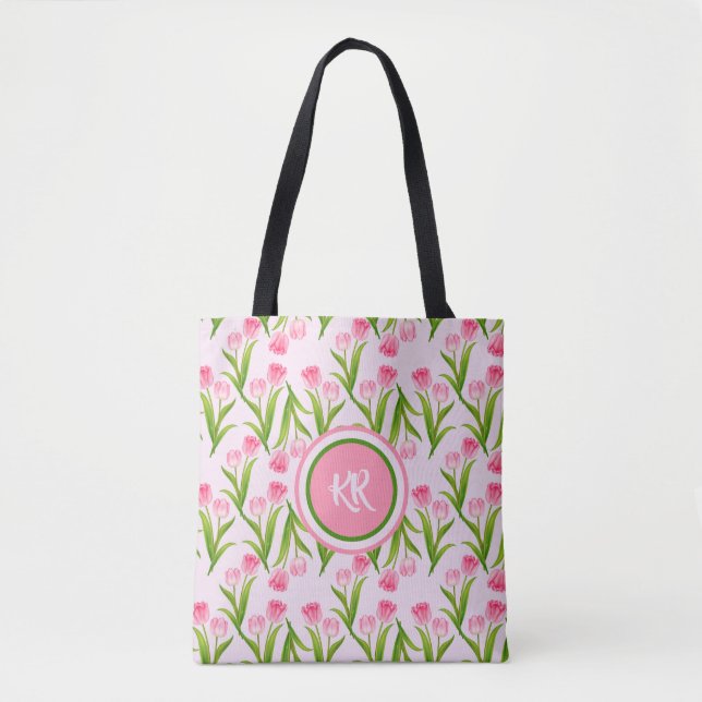 Hübsch Pink Tulip Floral Blume Blätter Monogramm (Vorderseite)