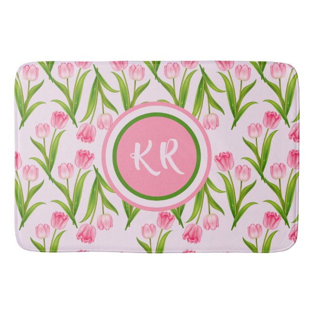 Hübsch Pink Tulip Floral Blume Blätter Monogramm Badematte (Vorderseite)
