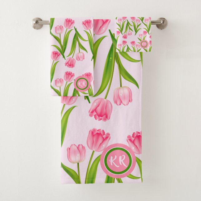 Hübsch Pink Tulip Floral Blume Blätter Monogramm Badhandtuch Set (Insitu)