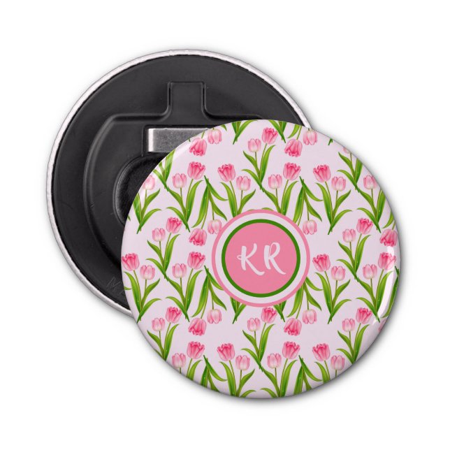 Hübsch Pink Tulip Floral Blume Blätter Monogramm Flaschenöffner (Vorderseite)