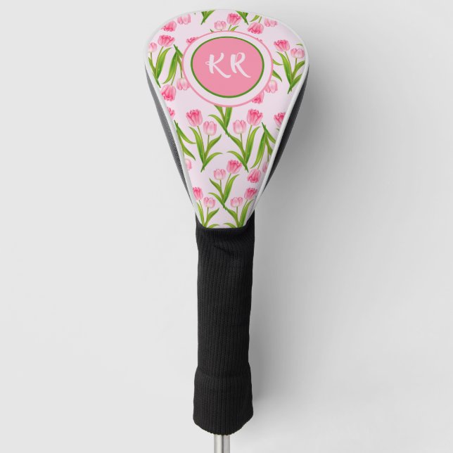 Hübsch Pink Tulip Floral Blume Blätter Monogramm Golf Headcover (Vorderseite)