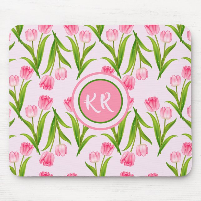 Hübsch Pink Tulip Floral Blume Blätter Monogramm Mousepad (Vorne)