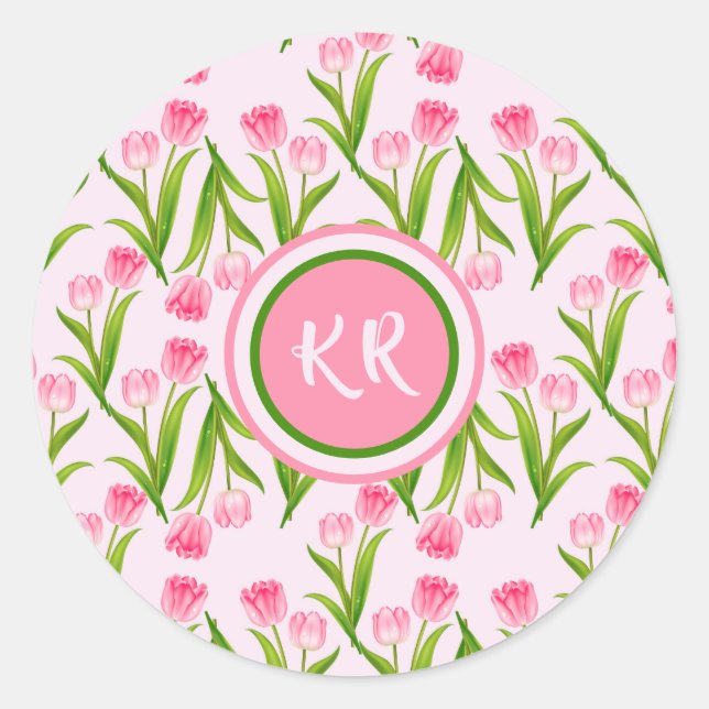 Hübsch Pink Tulip Floral Blume Blätter Monogramm Runder Aufkleber (Vorderseite)