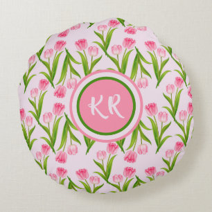 Hübsch Pink Tulip Floral Blume Blätter Monogramm Rundes Kissen