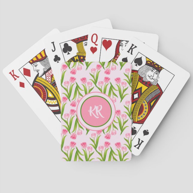 Hübsch Pink Tulip Floral Blume Blätter Monogramm Spielkarten (Rückseite)