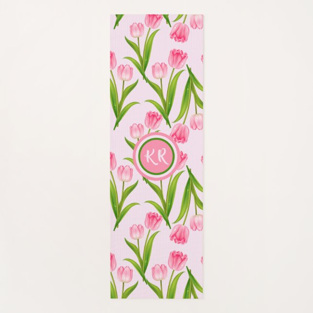Hübsch Pink Tulip Floral Blume Blätter Monogramm Yogamatte (Vorderseite)