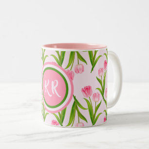 Hübsch Pink Tulip Floral Blume Blätter Monogramm Zweifarbige Tasse
