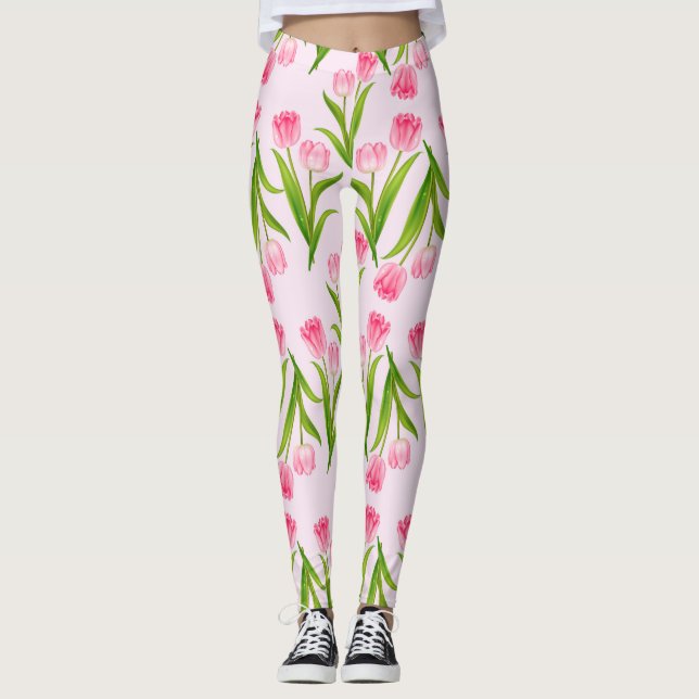 Hübsch Pink Tulips Blumenstrauß Blume Grüne Blätte Leggings (Vorderseite)