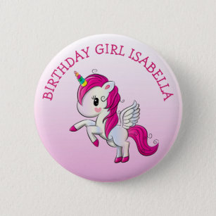 Hübsch Pink Unicorn Geburtstagsmädchen Personalisi Button