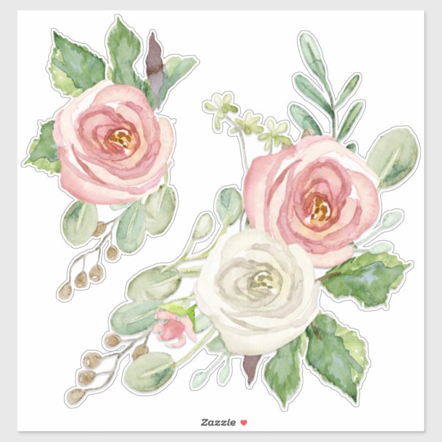 Hübsch Pink Watercolor Peony Floral w Blätter Aufkleber (Blatt)