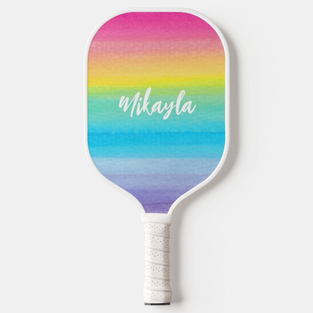 Hübsch Pink Watercolor Rainbow Trendskriptname Pickleball Schläger (Vorderseite)