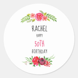 Hübsch Pink Watercolor Rose Happy Birthday Text - Runder Aufkleber