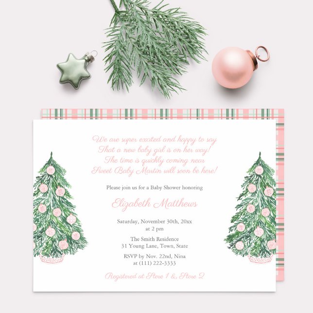 Hübsch Pink Weihnachten Chinoiserie Girl Babydusch Einladung (Pink Chinoiserie Holiday Trees girl baby shower party invitation)