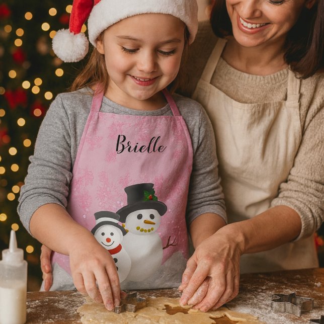 Hübsch Pink Weihnachten Schneemann Personalisiert  Schürze (Pink snowman apron for girls  custom name, festive baking, holiday fun with mom in the kitchen)