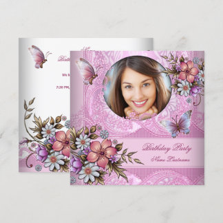 Hübsch Pink White Butterfly Blume Geburtstagsparty Einladung