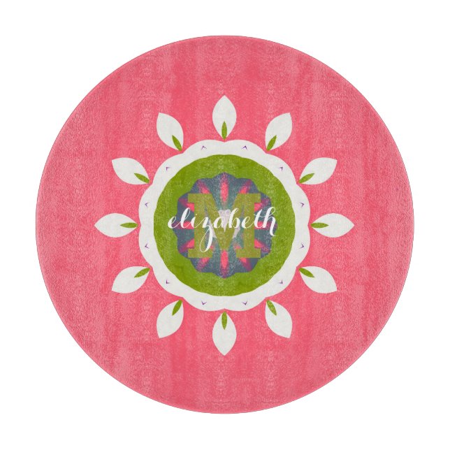 Hübsch Pink White Petals Mandala Individuelle Name Schneidebrett (Vorderseite)